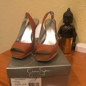 Jessica Simpson camel cork sling back heels